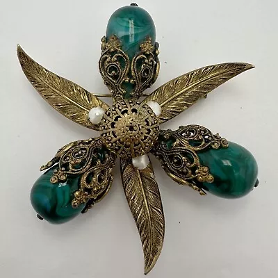 Buy Vintage French Gold Gilt Brass Blue Green Art Glass Pearl Flower Brooch • 13.64£