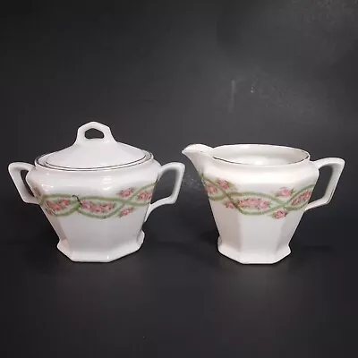 Buy Antique Vintage Porcelain 943 Sugar Bowl & Creamer Set Pink Cabbage Rose Octagon • 15.41£