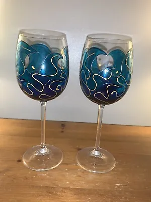 Buy Wine Glass Goblet Long Stem Blue Aqua Stained Wave 8.25 In Under 1/2 Pint Signed • 9.99£