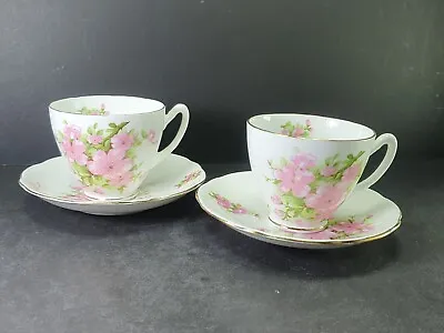 Buy 2x Beautiful Staffordshire Bone China Tea Cups With Saucers Cherry Blossom • 10.50£