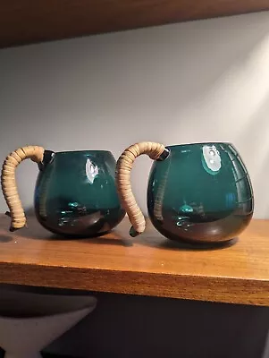 Buy Vintage Scandinavian Glass Mugs Turquoise Teal Colour With Rattan Style Handles • 15£