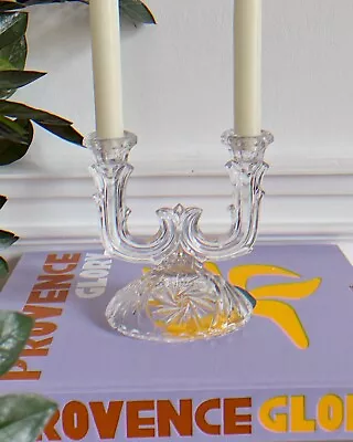 Buy Vintage Cut Glass 1940s Double Candle Holder Etched Floral Starry Pattern Base • 45£