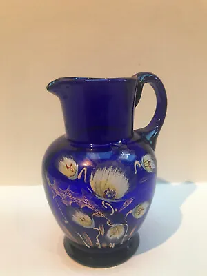Buy Antique Hand Blown Bristol Glass Cobalt Blue Jug Handpainted Flowers • 12£