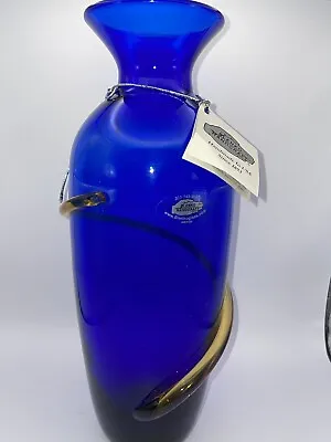 Buy Signed Richard Blenko 2001 Hand Blown Cobalt Blue Vase Applied Amber Swirl • 77.14£