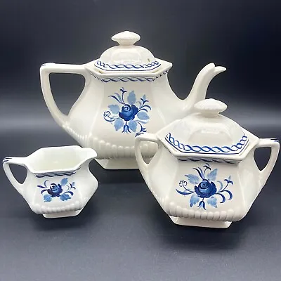 Buy Adams Baltic English Ironstone Tea Pot Ceamer & Sugar Bowl Set Delft Blue White • 28.35£