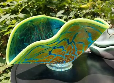 Buy Chris Mosey Ignis Glass Flutter Bowl Blue Green Gold Crackle Art Glass Beautiful • 118.09£