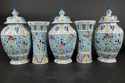Buy Antique Dutch Delft Makkum  Garniture Of 5 Ribbed Vases 19th Century 33 Cm/13 In • 1,529.11£