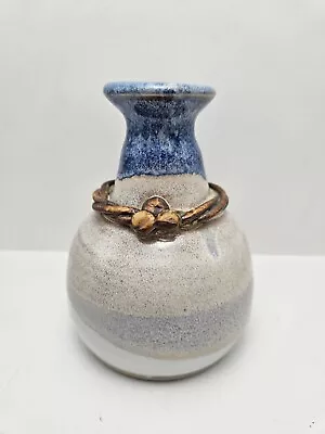 Buy Studio Art Pottery Flower Vase Blue Drip Gray Tan Applied Embellishment Signed • 16.26£