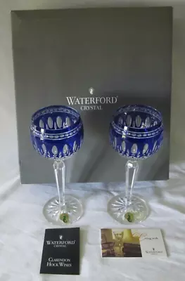 Buy New 1996 Pair Waterford Crystal Clarendon Cobalt Blue Hock Wine Glasses Org. Box • 234.97£