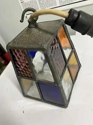 Buy Antique Pewter, Leaded Stained Glass Hanging Outside Lantern Porch Lamp Light • 85£