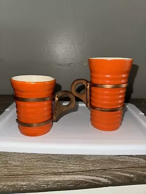 Buy 2 Bauer California Orange Pottery Tumblers W/ Wooden Handles  • 31.30£