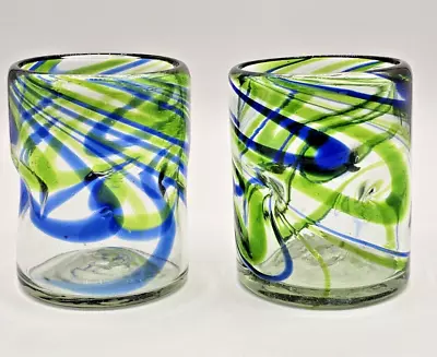 Buy Mexican Hand Blown Cobalt Blue Green Swirl Abstract Pinched Drinking Glasses • 20.01£