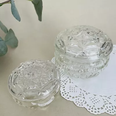Buy Vintage Pair Of Pressed Glass Trinket Pots With Lids Coquette Vanity Storage • 14£