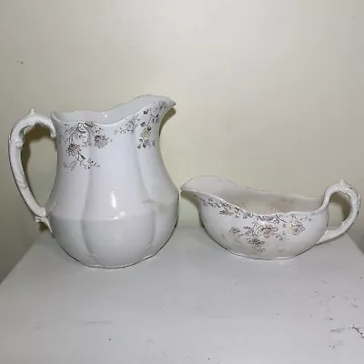 Buy Antique White Ironstone Style Pitcher & Gravy Boat Flowers Stained Crazed Patina • 33.74£