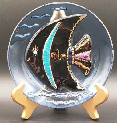 Buy Studio Art Signed Dichroic Fused Glass Blue Black Iridescent Fish Plate Ocean 7  • 9.46£