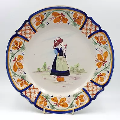 Buy Rare Antique Hand Painted HB Quimper Plate With Breton Lady & Flowers • 34.95£