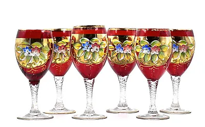 Buy Bohemian Antique Ruby Wine Glasses - Enamelled Pink And Blue Flowers - Set Of 6 • 200.22£