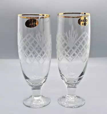 Buy 2 X CUT GLASS 14.5 Cm CHAMPAGNE FLUTES WITH GOLD RIMS • 8.95£