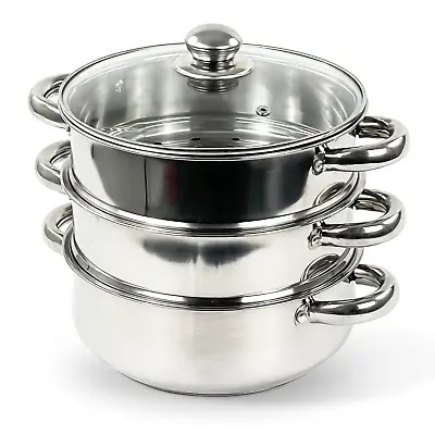 Buy 22cm 4pc Steamer Cooker Pot Set Pan Cook Food Glass Lids 3 Tier Stainless Steel • 14.85£