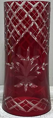 Buy Vintage Bohemian Czech Ruby Red Cranberry Cut To Clear Hurricane Chimney 7” • 18.89£