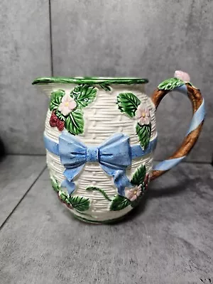 Buy Vintage The Haldon Group 1985 Blue Bow & Strawberries Pitcher 6 Inch Tall • 19.12£