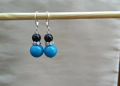 Buy Turquoise Blue Mountain Jade And Black Glass Earrings Lever Back NEW • 2.89£