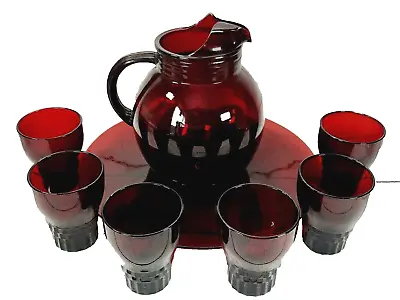 Buy Vintage Anchor Hocking Ball Pitcher Beverage Set Ruby Red 6 Tumblers Underplate  • 85.36£