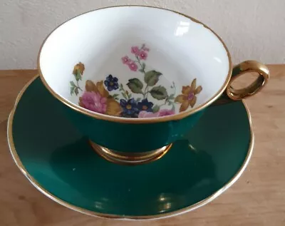 Buy Vintage Argyle Cup & Saucer Green Floral Fine Bone China • 24.99£