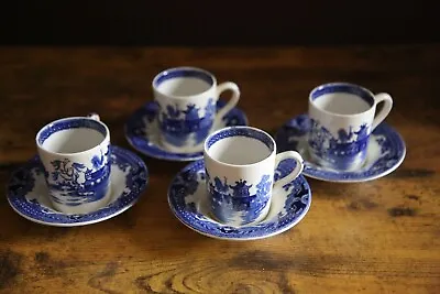 Buy Vintage Burleigh Ware “Willow”pattern Blue And White Set Of 4 Cups & Saucers • 30£