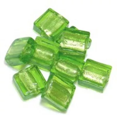 Buy 10 Silver Foil Lined Glass Square Beads ~ BRIGHT GREEN • 3.75£