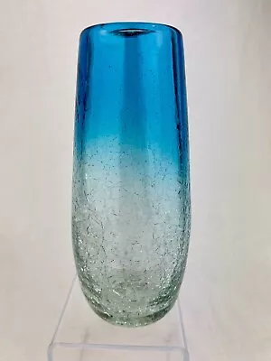 Buy Vintage Ombre Turquoise Blue Crackle Art Glass Bud Vase Hand Blown MCM Decor • 11.37£