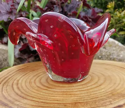 Buy Mid Century Cased Ruby Red Art Glass Controlled Bubble Bowl. Murano? • 17.50£
