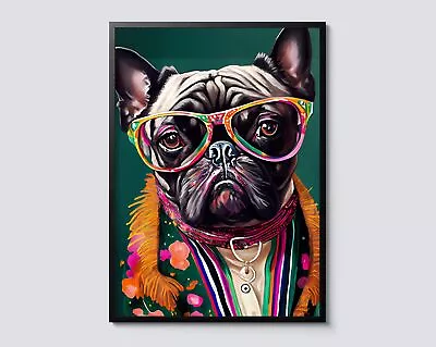 Buy French Bulldog Cartoon Pop Art, Funny Dog With Glasses Wall Print, Home Decor • 120£