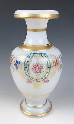 Buy Antique French Opaline Rolled Rim Glass Vases Enameled Roses Gold Baccarat White • 195.28£