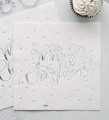 Buy Silver Foiled Merry Christmas Napkins | Festive Party Tableware X20 • 7.70£