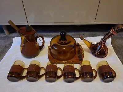 Buy Vintage Amber Glass Sangria Jug , Wine Decanter , 6 Glasses And Cheese Board Set • 25£