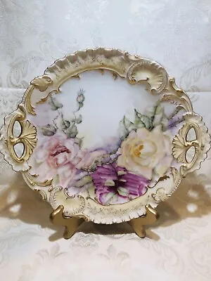 Buy Limoges Antique Handpainted Cake Plate Pink Roses,gold Trim,a.lanternier,11 3/4” • 216.31£