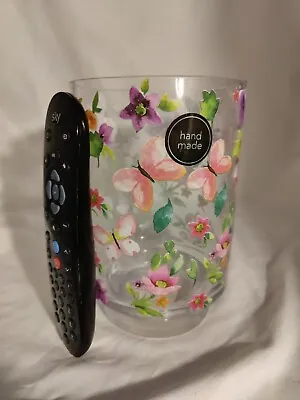 Buy Hand Made Floral & Butterflies Large 19.5cm Glass Church Pillar Candle Holder • 17.99£