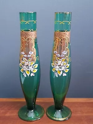 Buy Vintage Green Vases X 2 Venetian/ Bohemian Style Single Flower Vase (N) • 9.99£