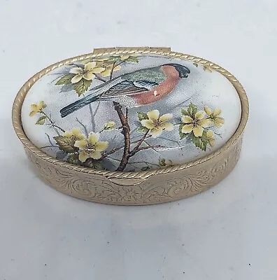 Buy Vintage Trinket/pills Box Gold Tone Metal Ceramic Lid  Bird/Robin In The Garden • 9.90£