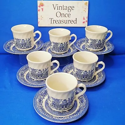 Buy 6 X Churchill WILLOW CUPS & SAUCERS * Blue & White China * Vintage 1970s GC • 26.25£
