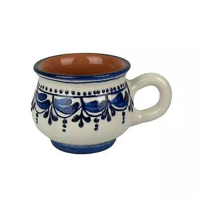 Buy Hungary Clay Pottery Glazed Small Teacup Mug Blue White Signed Boho Farmhouse • 9.42£