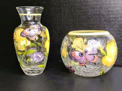 Buy Set Of 2- 5th Avenue Crystal Hand Painted Crackle Glass Vase - Butterfly Flowers • 24.08£