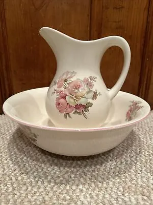 Buy Burleigh Ware England Wash Bowl & Pitcher, Vintage, Pink Floral Pattern • 47.42£