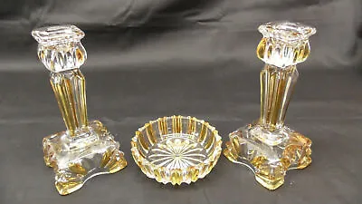 Buy Antique Pair Depression Pressed Glass Two Colour Amber Candlesticks & Dish • 22.50£