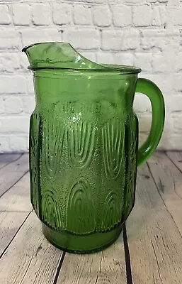 Buy Vintage MCM Anchor Hocking Green Wood Grain Glass Pitcher With Ice Lip 10” • 18.88£