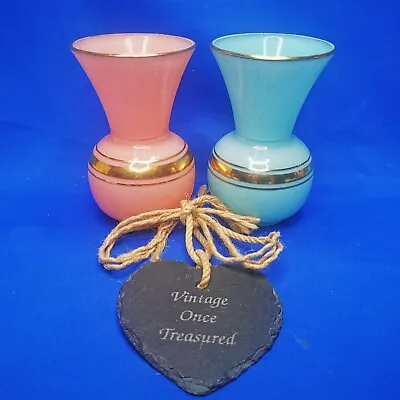 Buy 2 X OPAL GLASS VASES Pink Turquoise Gold (15cm) * Vintage French Art Nouveau GC • 34.95£