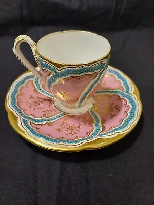 Buy Antique Worcester Porcelain Tea Set,pink Gold Gilt ,turquoise Stripes Pattern. • 16£