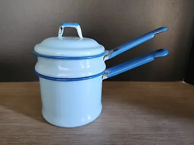 Buy Vintage Enamel Ware Double Boiler Small - Light Blue W/ Lid Baby Food Size • 18.90£