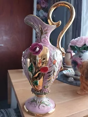 Buy Vintage M. DEPOSE H B Quaregnun Belgium.Pink Gold Floral Design Pitcher/Vase • 16£